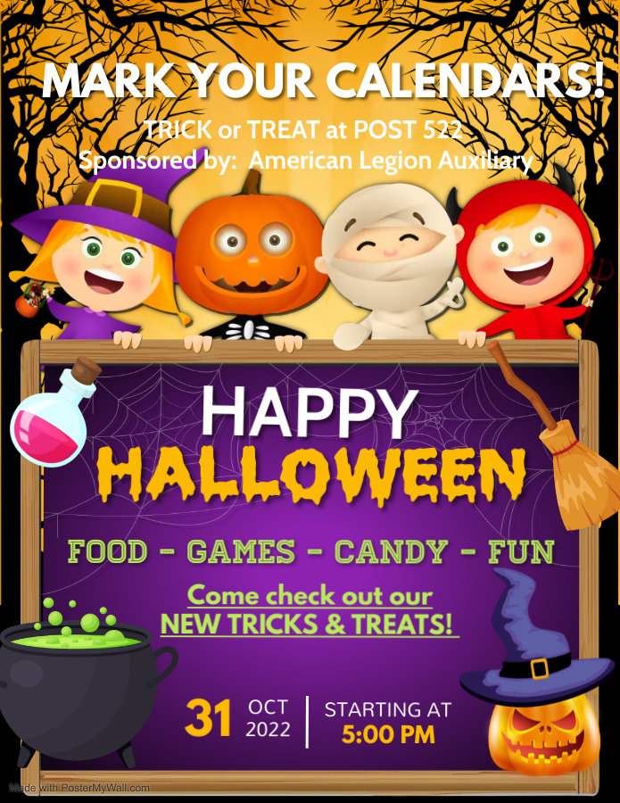 Trick or Treat at Post 522 on Monday, October 31st