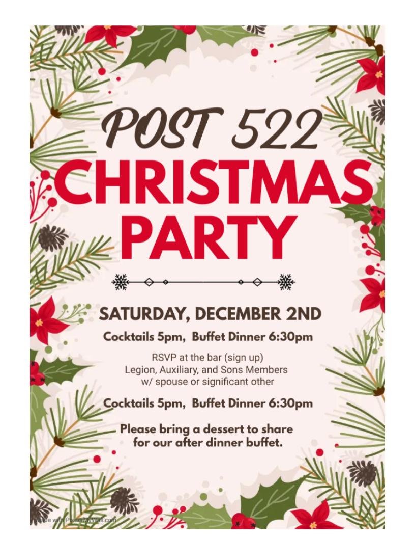 Legion Post 522 Christmas Party ~ Saturday December 2nd