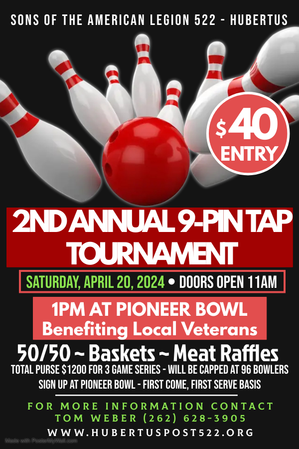 2nd Annual 9-Pin Tap Bowling Tournament ~ Saturday April 20th