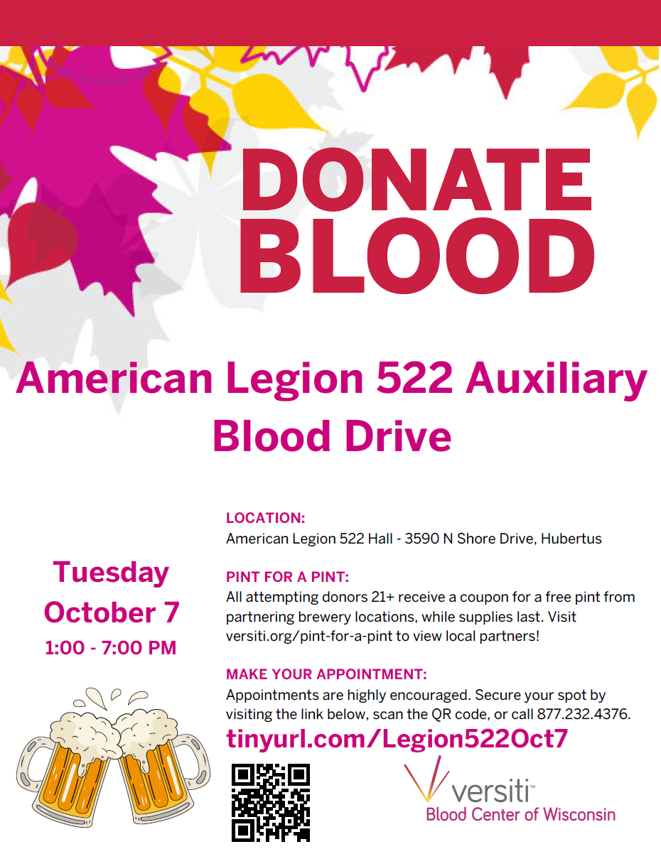 Auxiliary 522 Blood Drive ~ Tuesday, October 7th