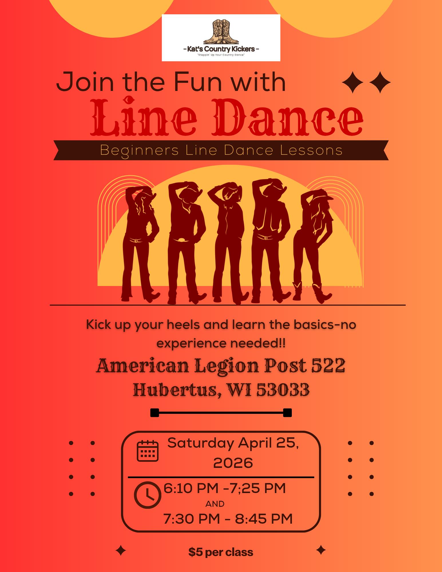 Beginner’s Line Dance Lessons ~ Saturday, April 25th.