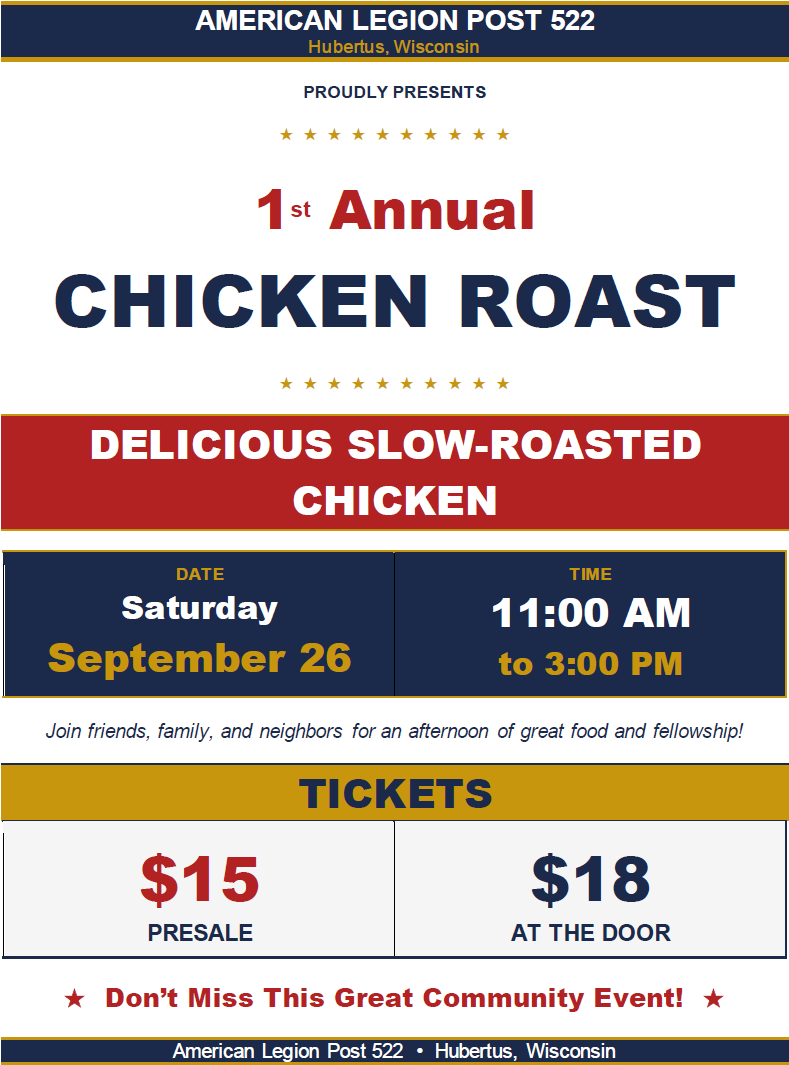 Legion Post 522 1st Annual Chicken Roast ~ Saturday, September 26th