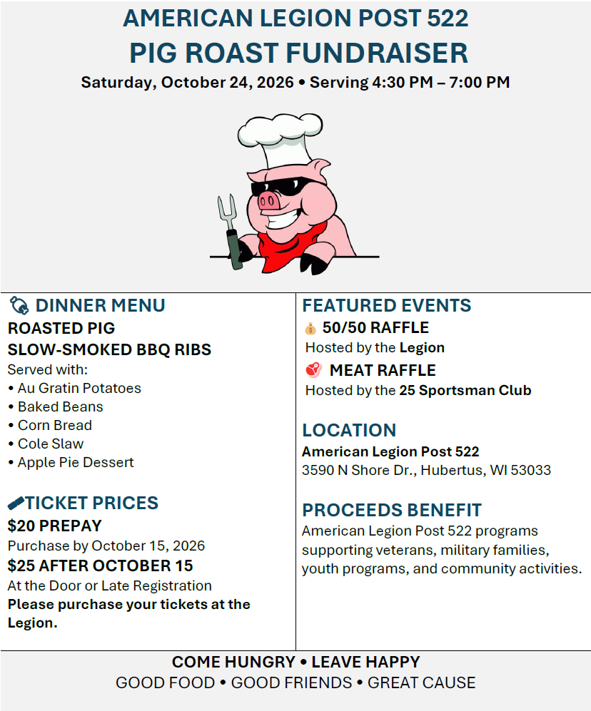 Legion 522 Pig Roast Fundraiser ~ Saturday, October 24th